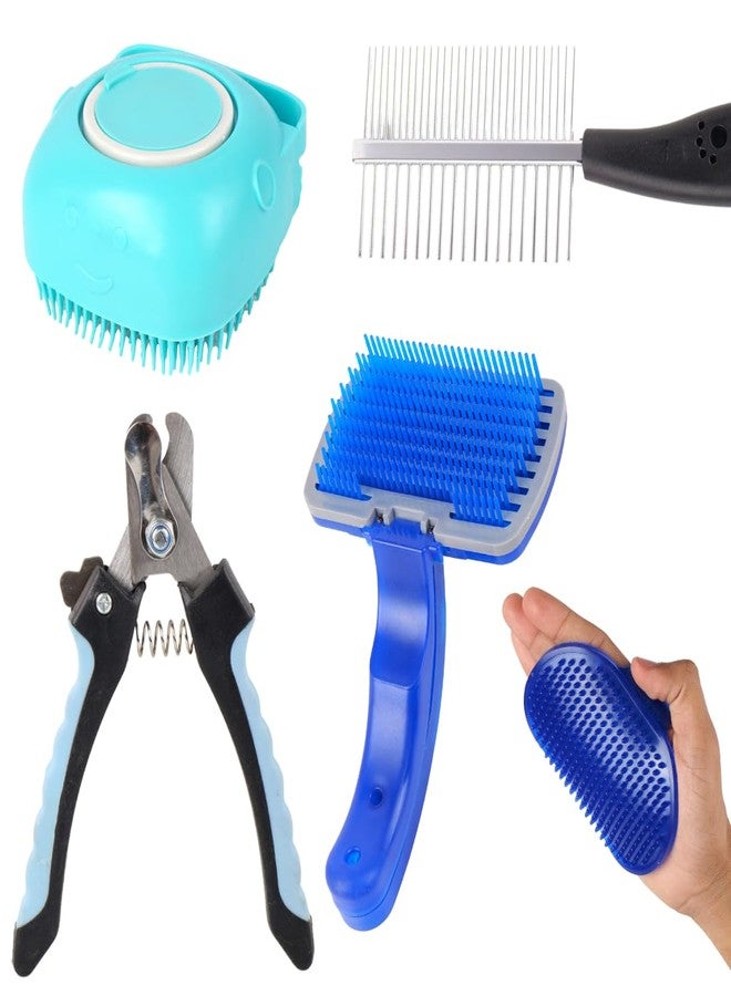 REGIIS PetCare Pro 5-Piece Dog Grooming Kit, Self-Cleaning Slicker Brush, Metal Comb, Nail Clippers, Blue and Turquoise Pet Brushes for Dogs(5 PACK) - Image 1
